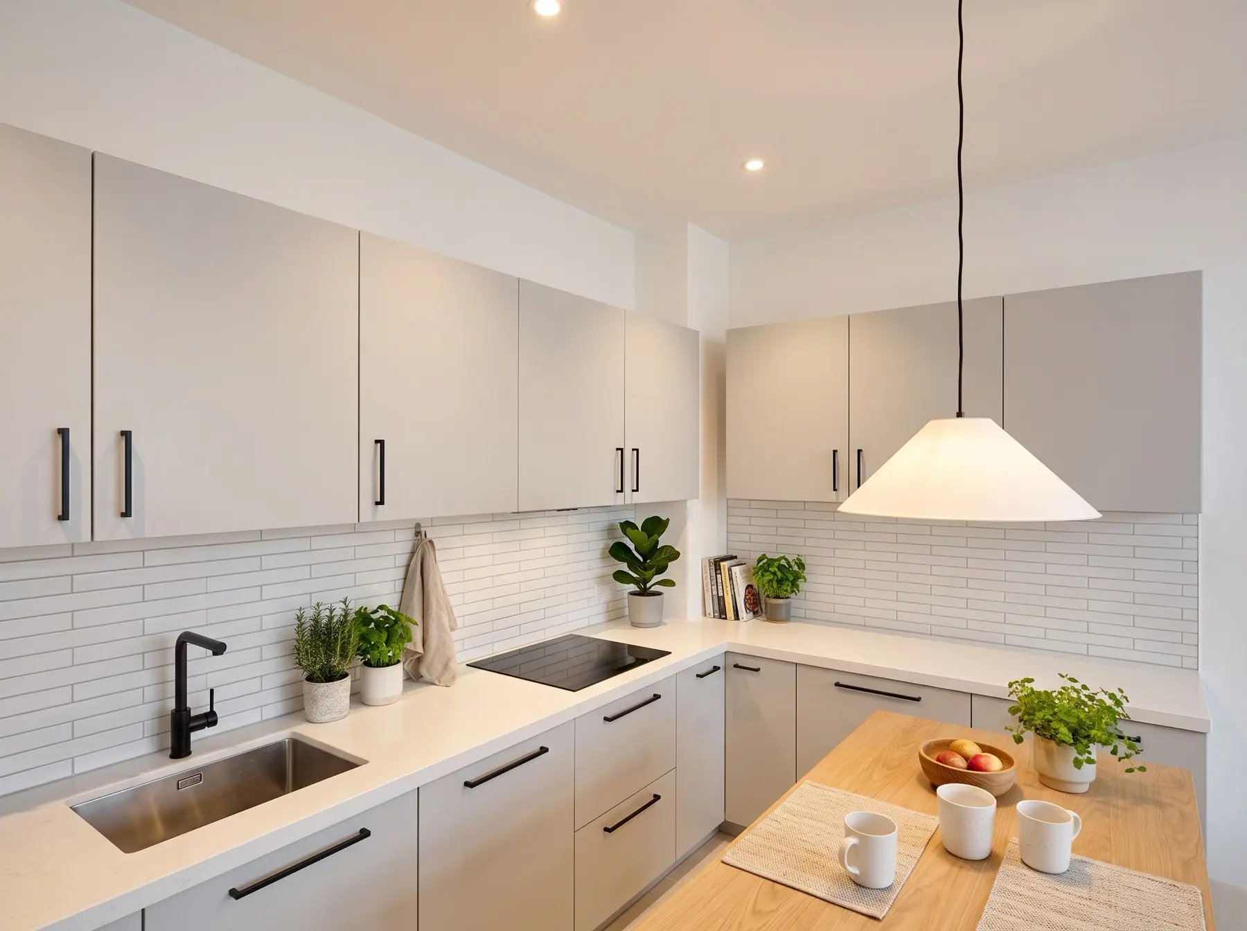 Kitchen of the sample flat: the 3D model, and the render painted over it